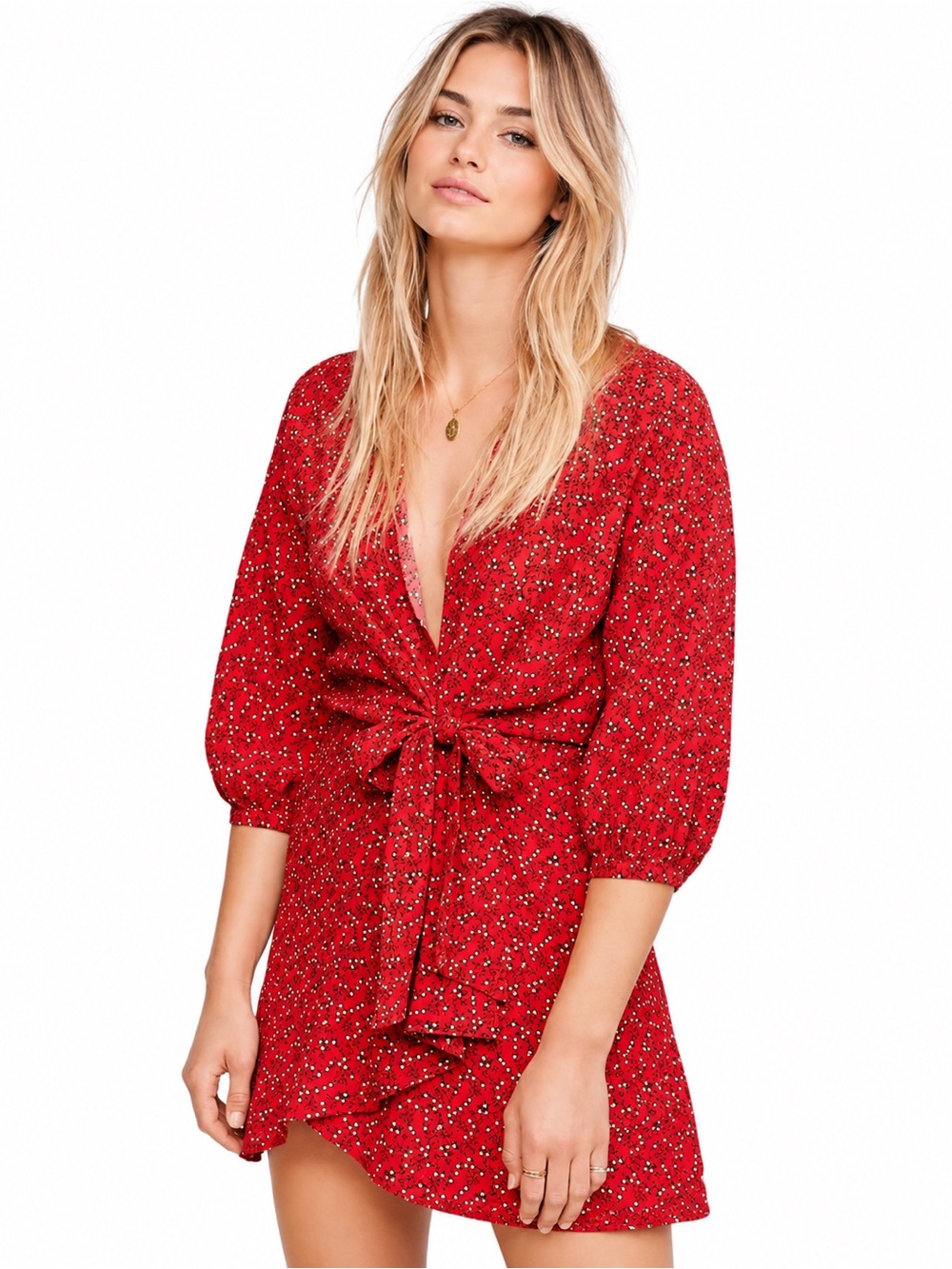 Free People Clara Floral Tunic Mini Dress XS Red Ditsy Tie Waist Boho Romantic